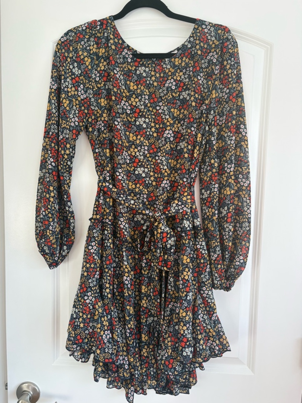 LAWLESS Black Floral Long-Sleeve Tie-Waist Mini Dress